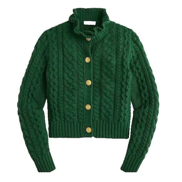 J. Crew Emerald Cable Knit Cardigan With Gold Buttons